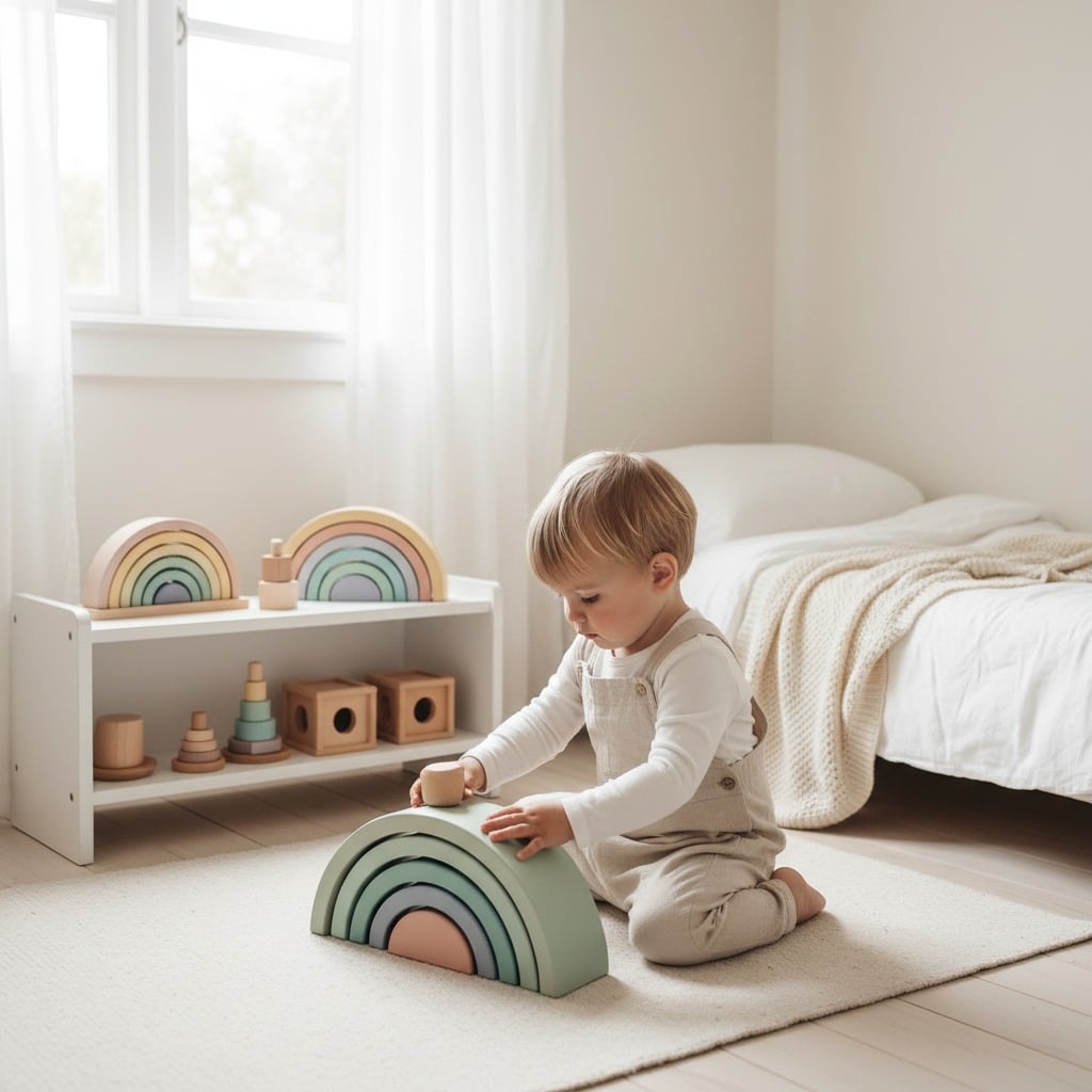 Organized Montessori classroom with wooden toys on shelves and tables.